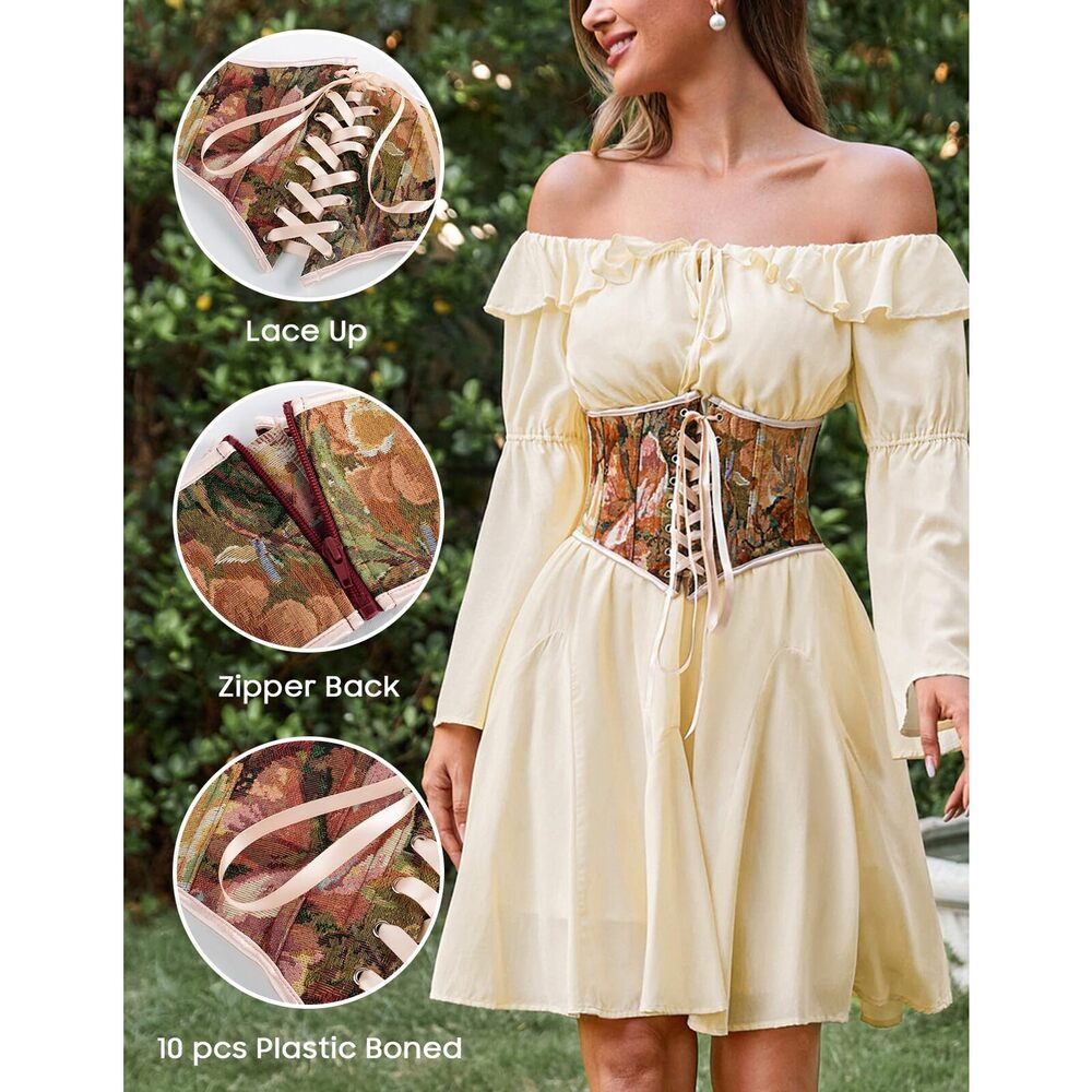 5493 Women's Belts For Dress Floral Print Lace Up Underbust Pirate - Picture 3 of 4